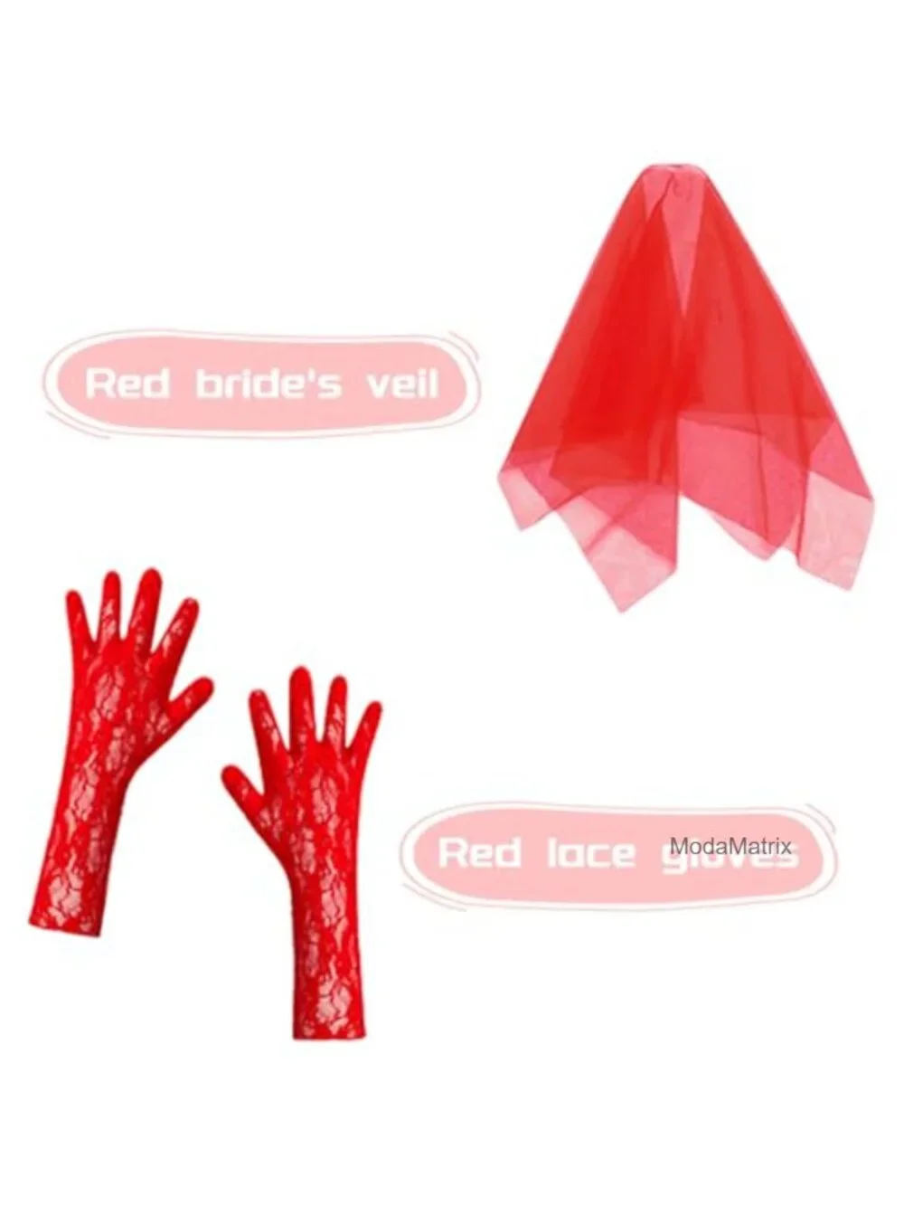 Red Tulle Princess Dress with Veil and Gloves, Stand Collar Maxi Halloween